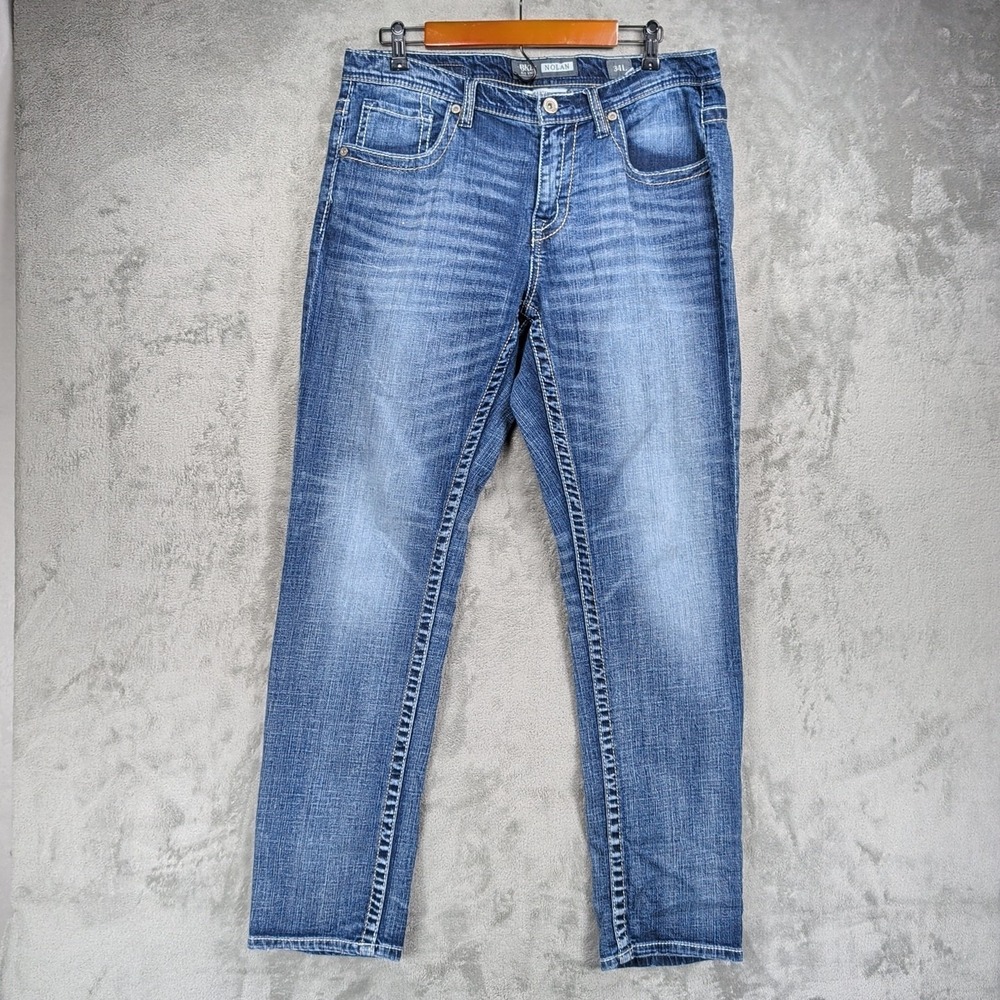 BKE Nolan Straight Jeans Size 34X33 (Act 36x33) Stretch Thick Stitch Whiskered